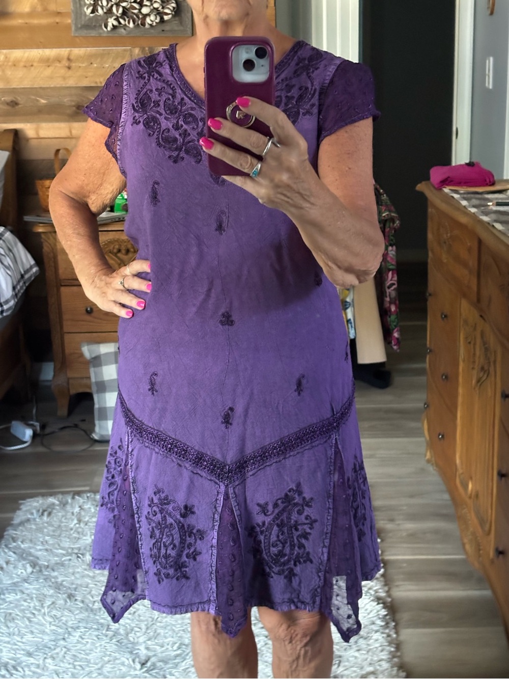 Purple Embroidered Short Sleeve Dress with Lace Hem Panels